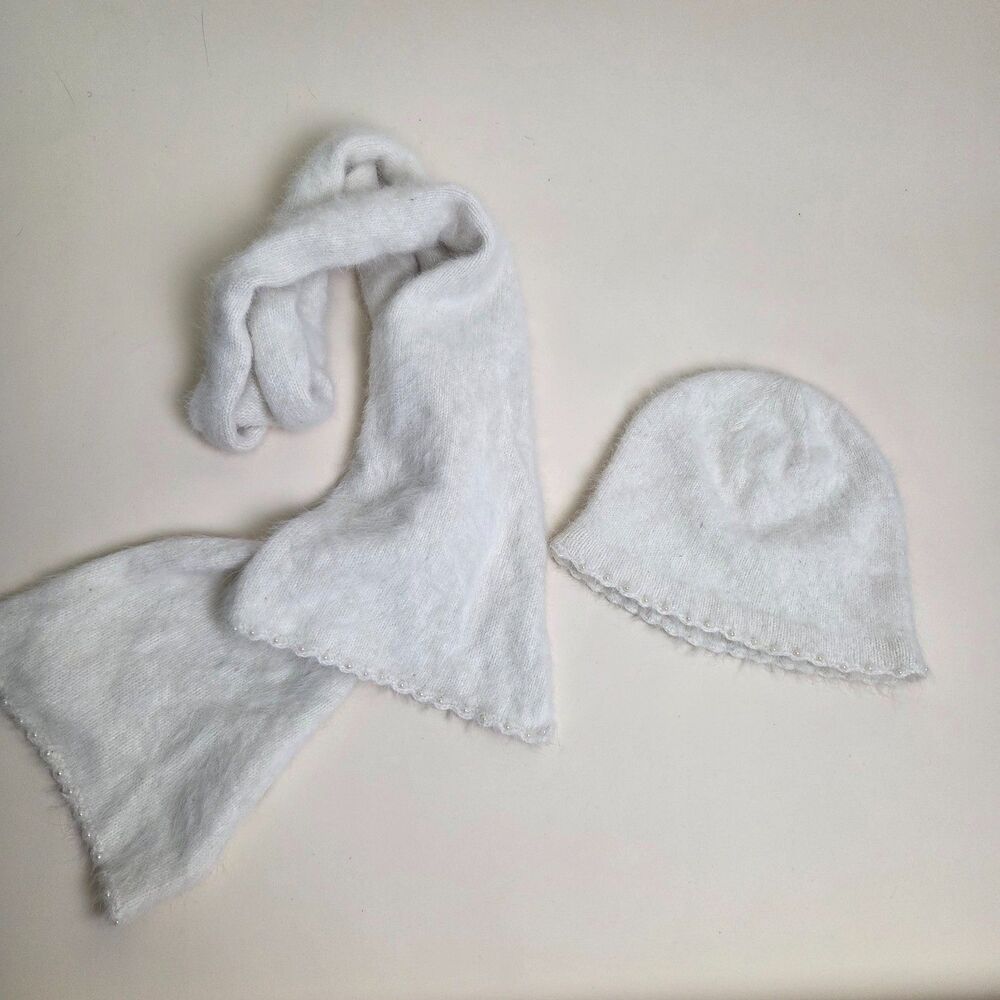 White Angora Blend Knit Beanie Hat & Scarf Set Pearl Trim